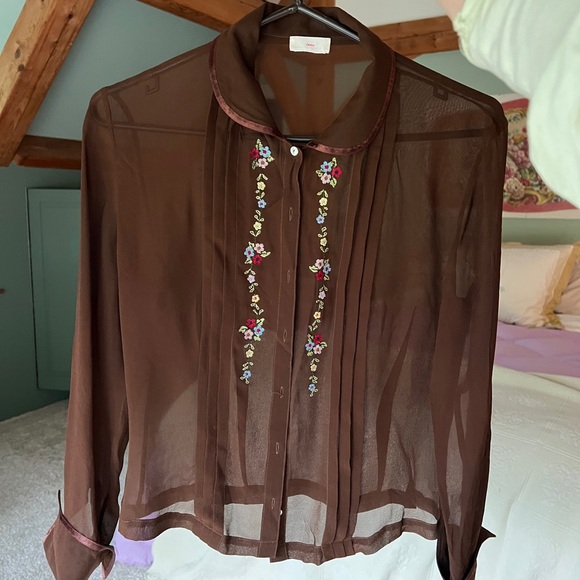 Designers Originals Tops - Designers Originals Sheer Brown Blouse with Floral Embroidery